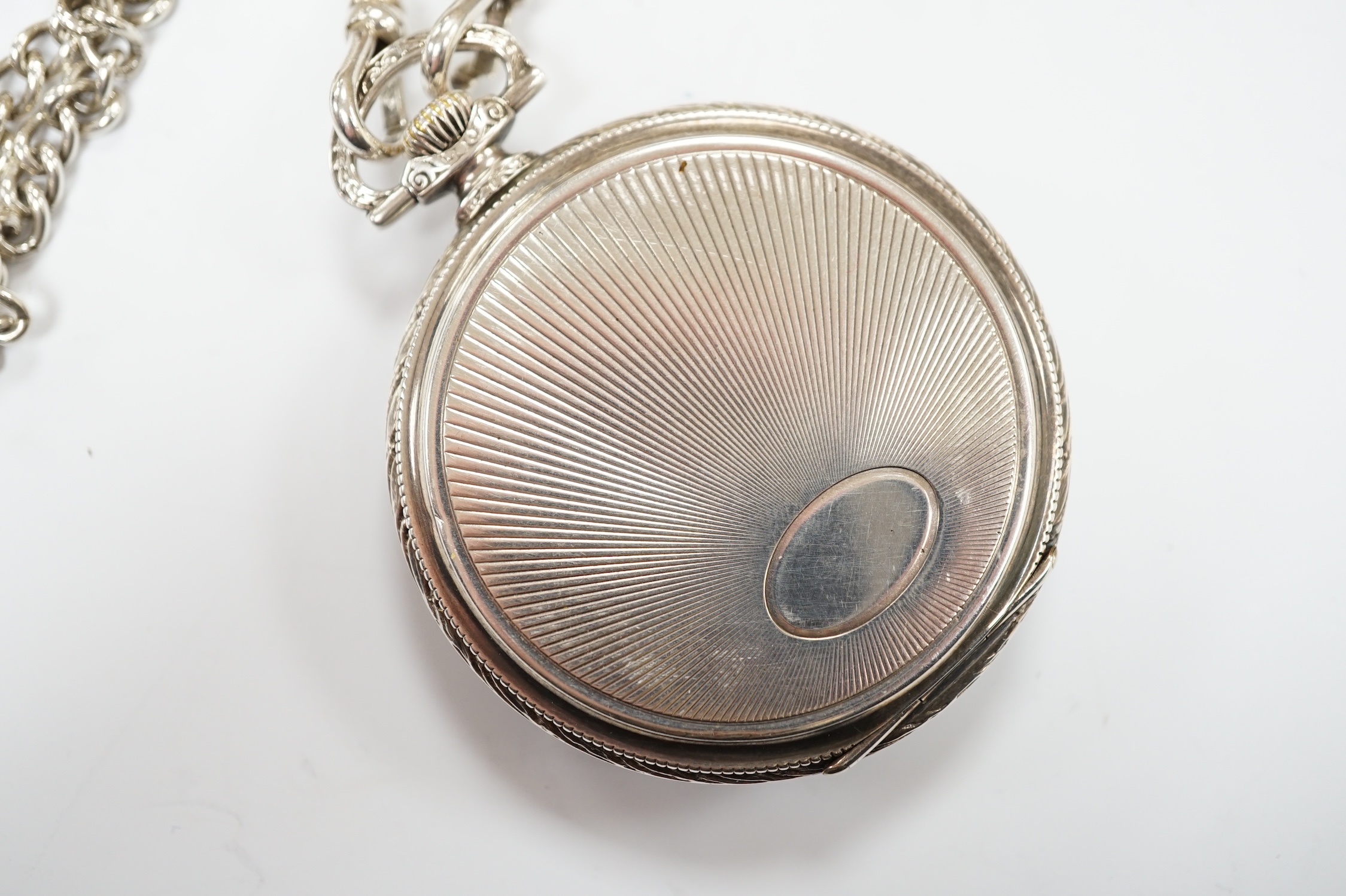 A German 900 standard cased Omega keyless open face dress pocket watch, with Arabic dial and subsidiary seconds, case diameter 48mm, together with an unmarked white metal albert.